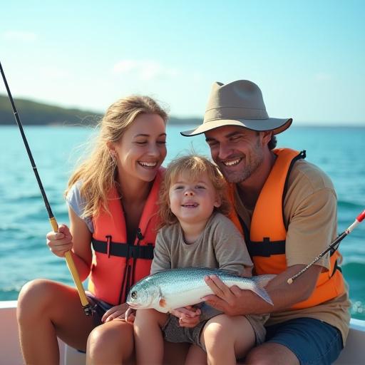 아이와 함께 웃으며 낚시를 즐기는 가족